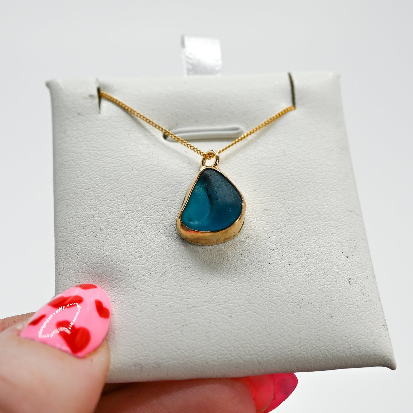 Gold fill very rare teal sea glass necklace