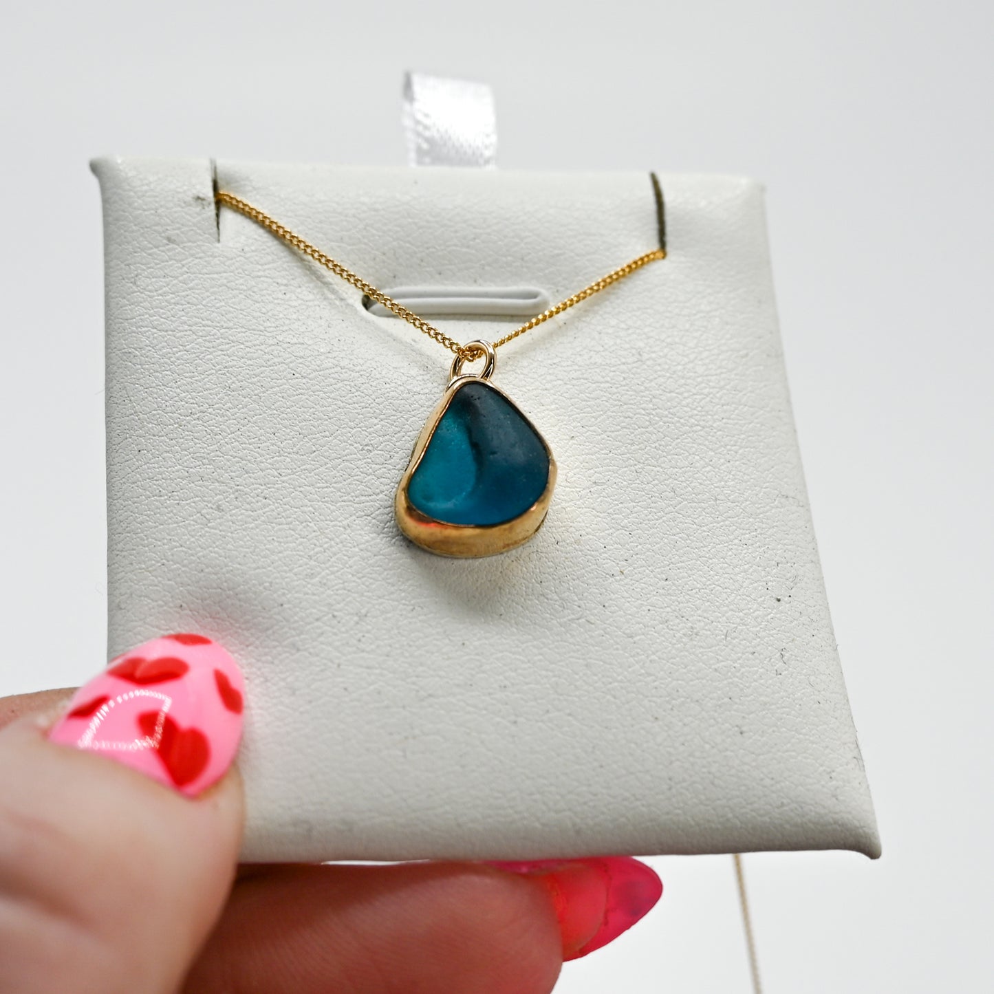 Gold fill very rare teal sea glass necklace