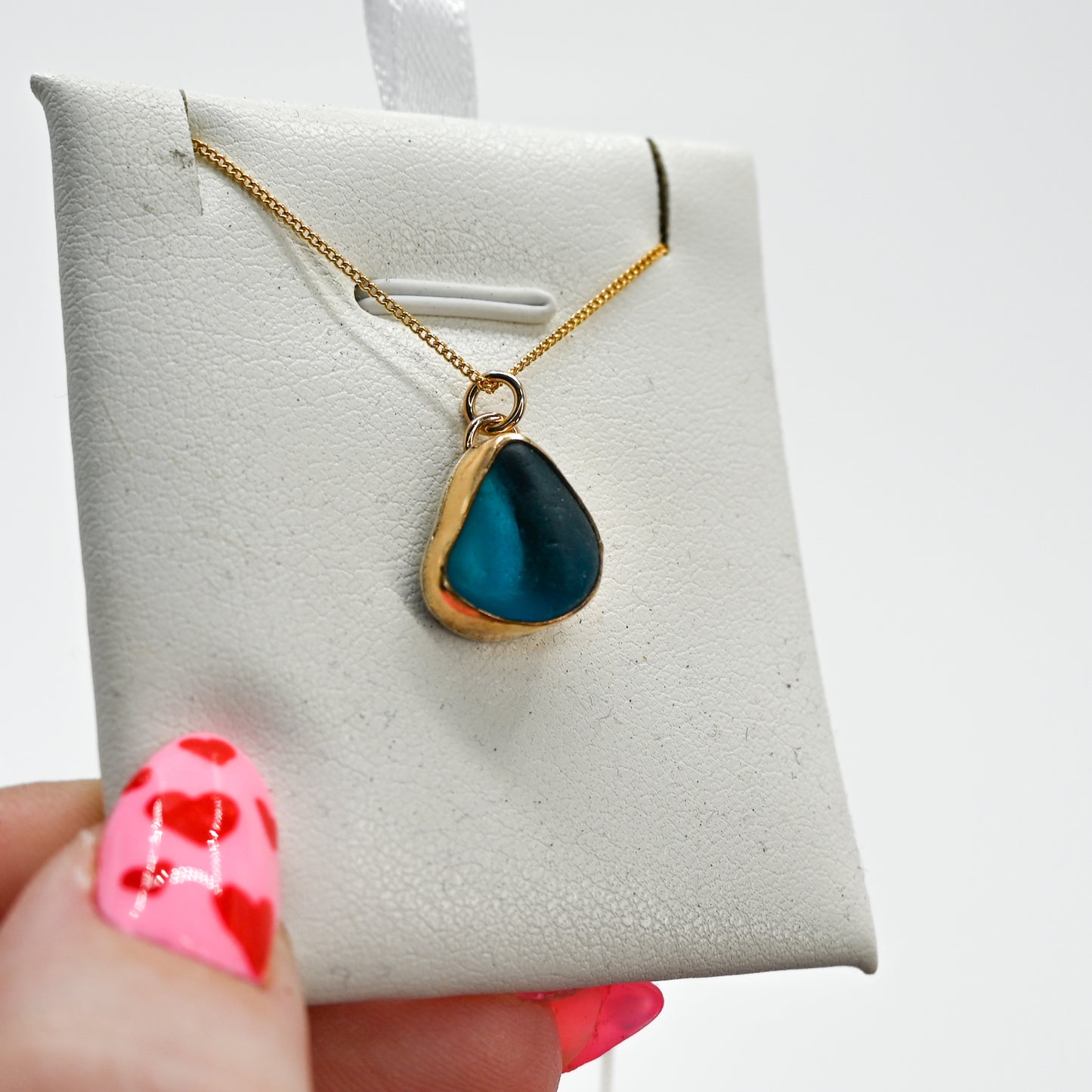 Gold fill very rare teal sea glass necklace