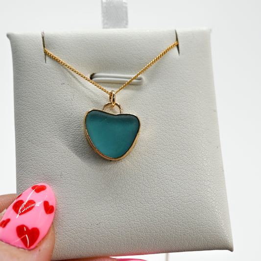 Gold fill large aqua sea glass necklace