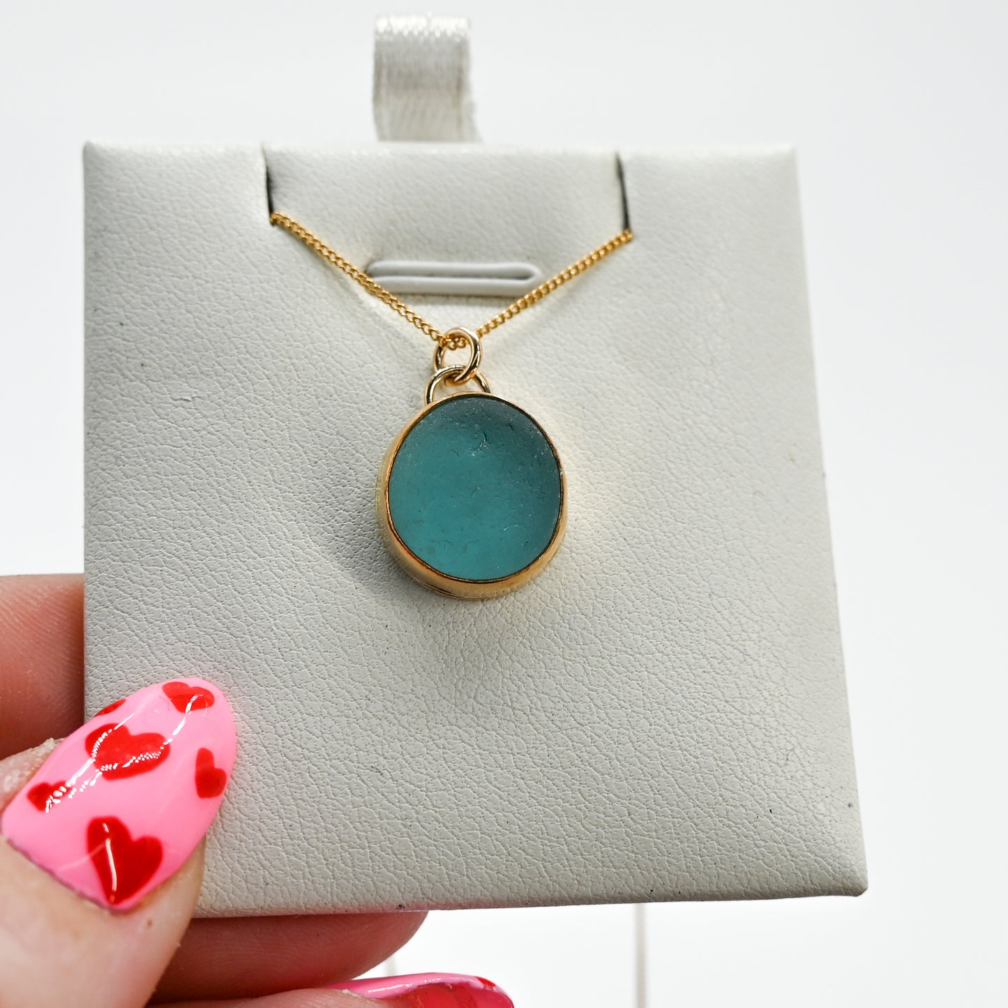 Gold fill large aqua sea glass necklace