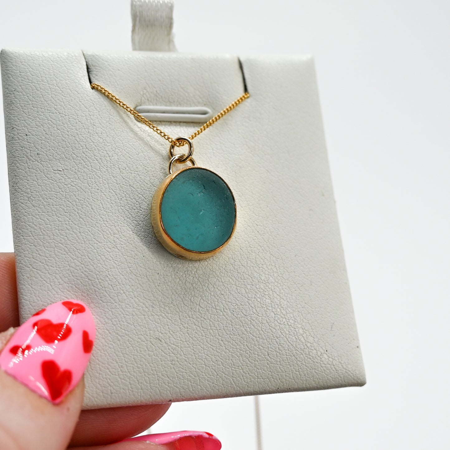 Gold fill large aqua sea glass necklace