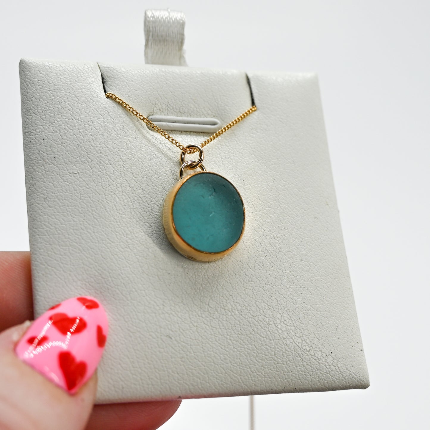 Gold fill large aqua sea glass necklace