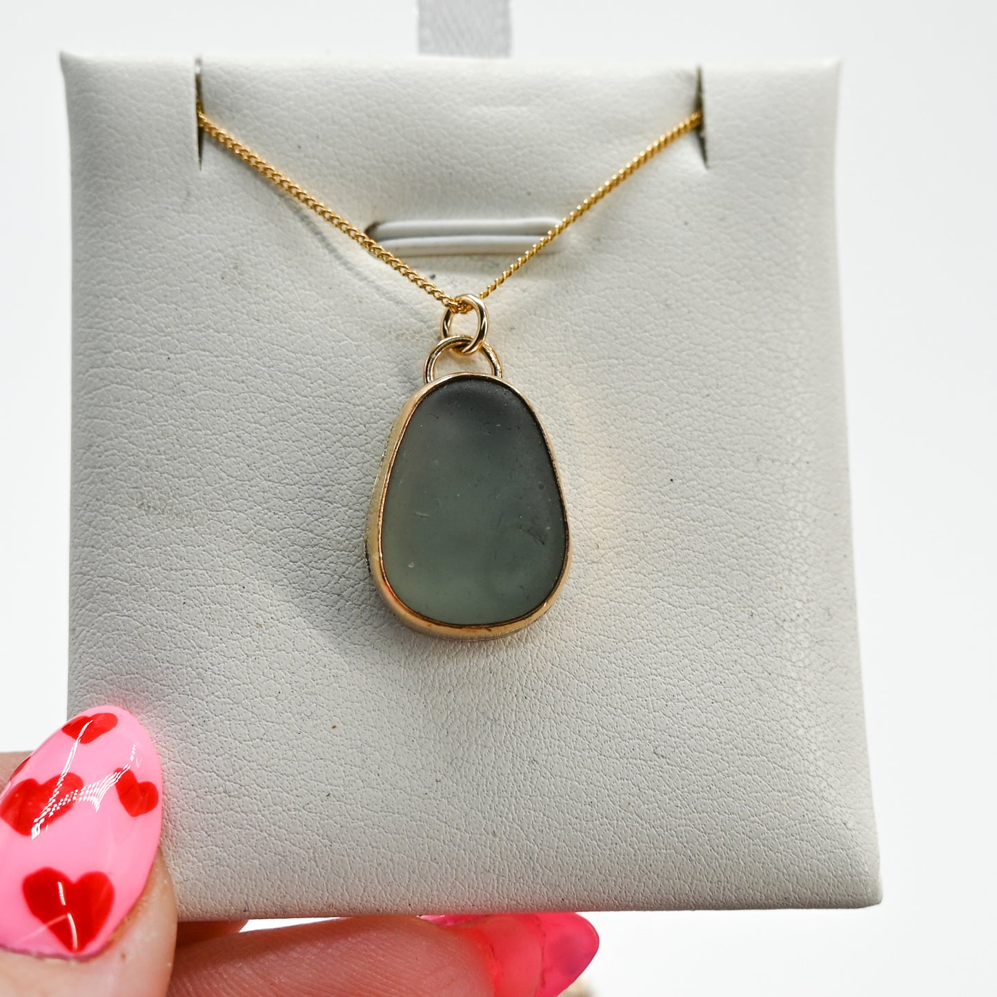 Gold fill large gray sea glass necklace