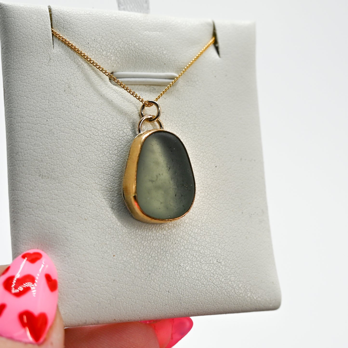 Gold fill large gray sea glass necklace