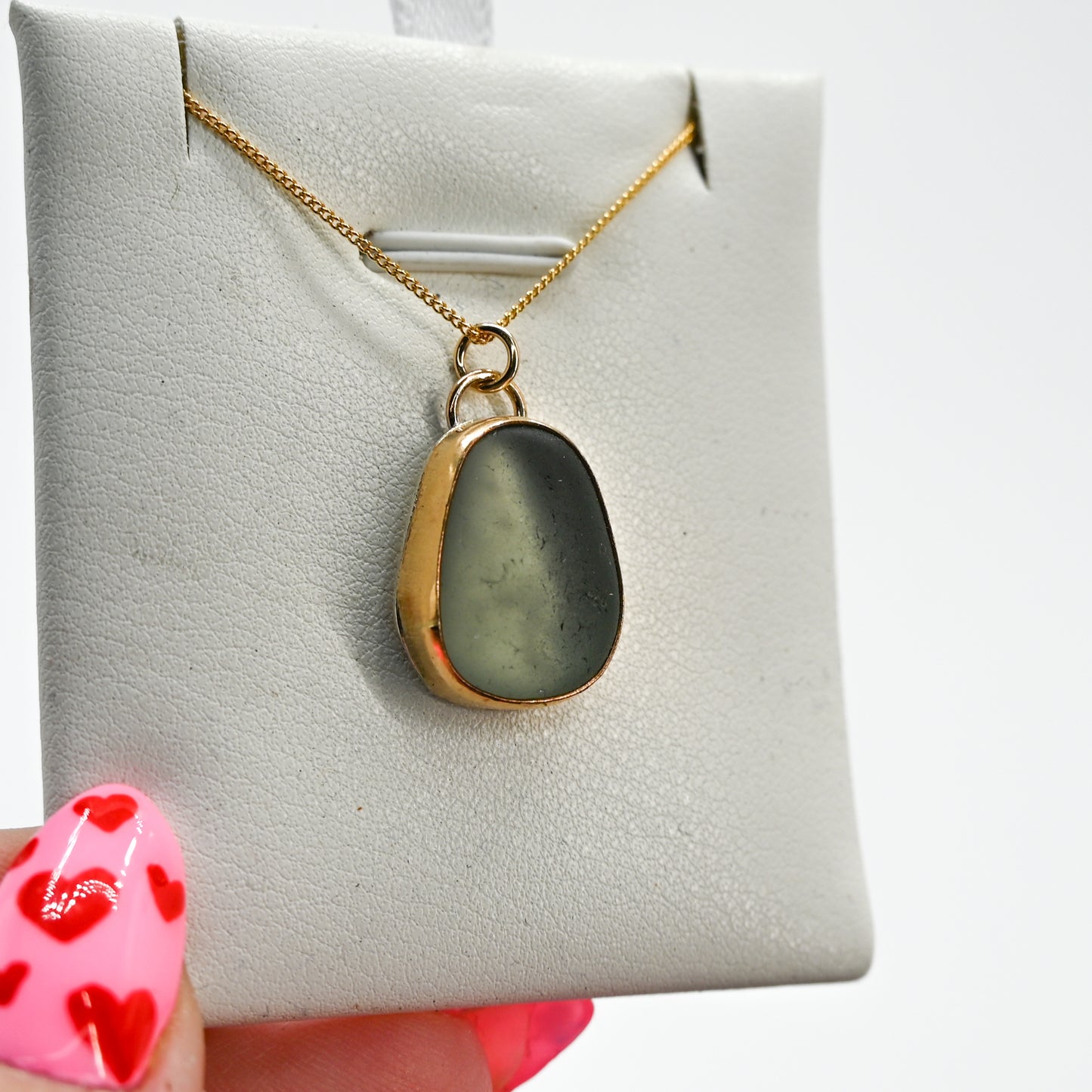 Gold fill large gray sea glass necklace