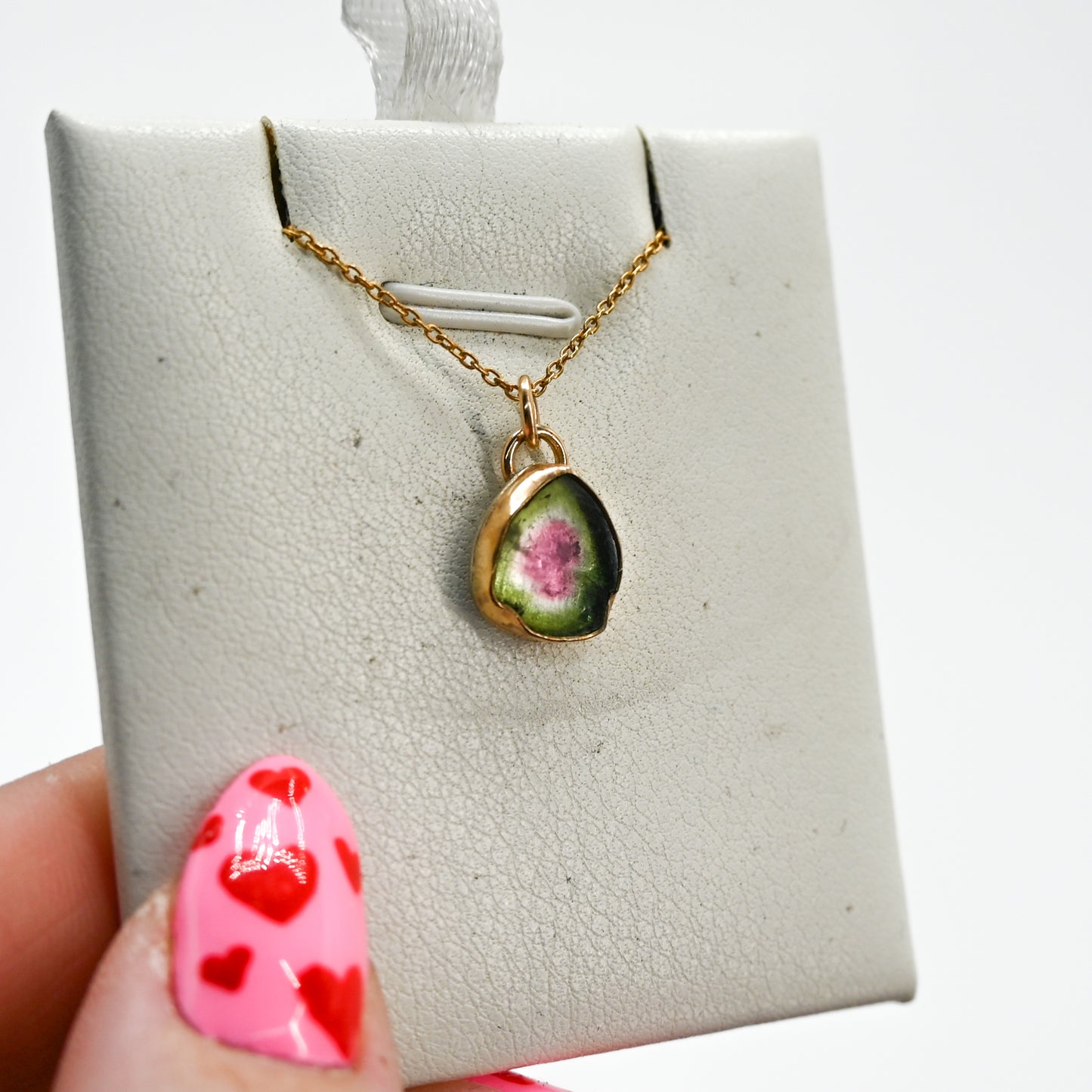 Gold fill watermelon tourmaline slice necklace