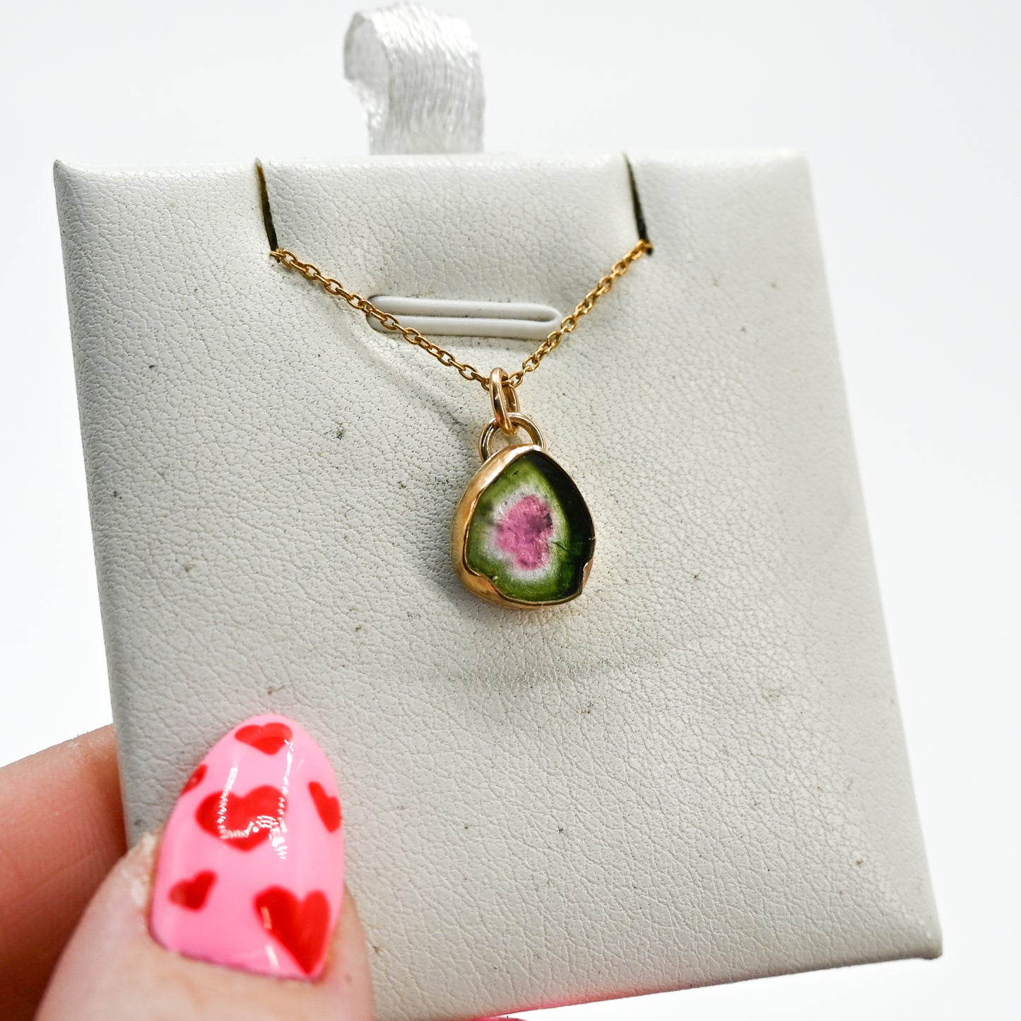 Gold fill watermelon tourmaline slice necklace