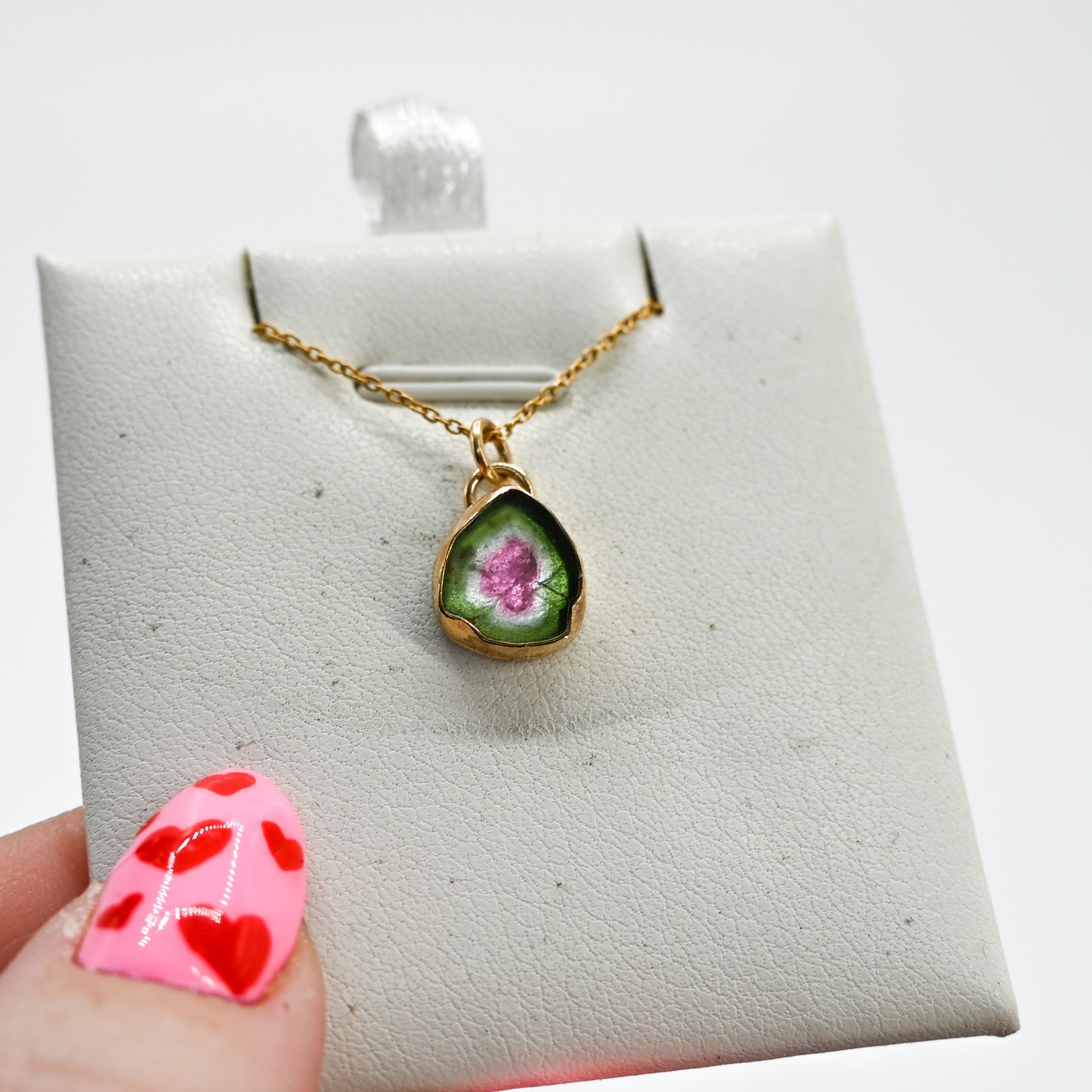 Gold fill watermelon tourmaline slice necklace