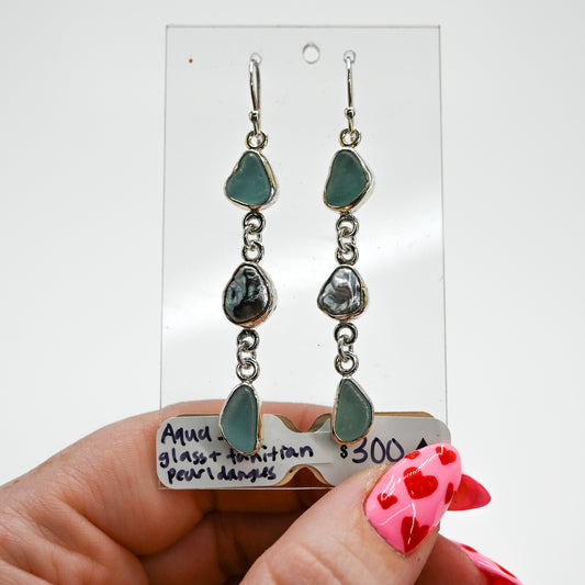 Aqua sea glass and tahitian pearl keshi earrings