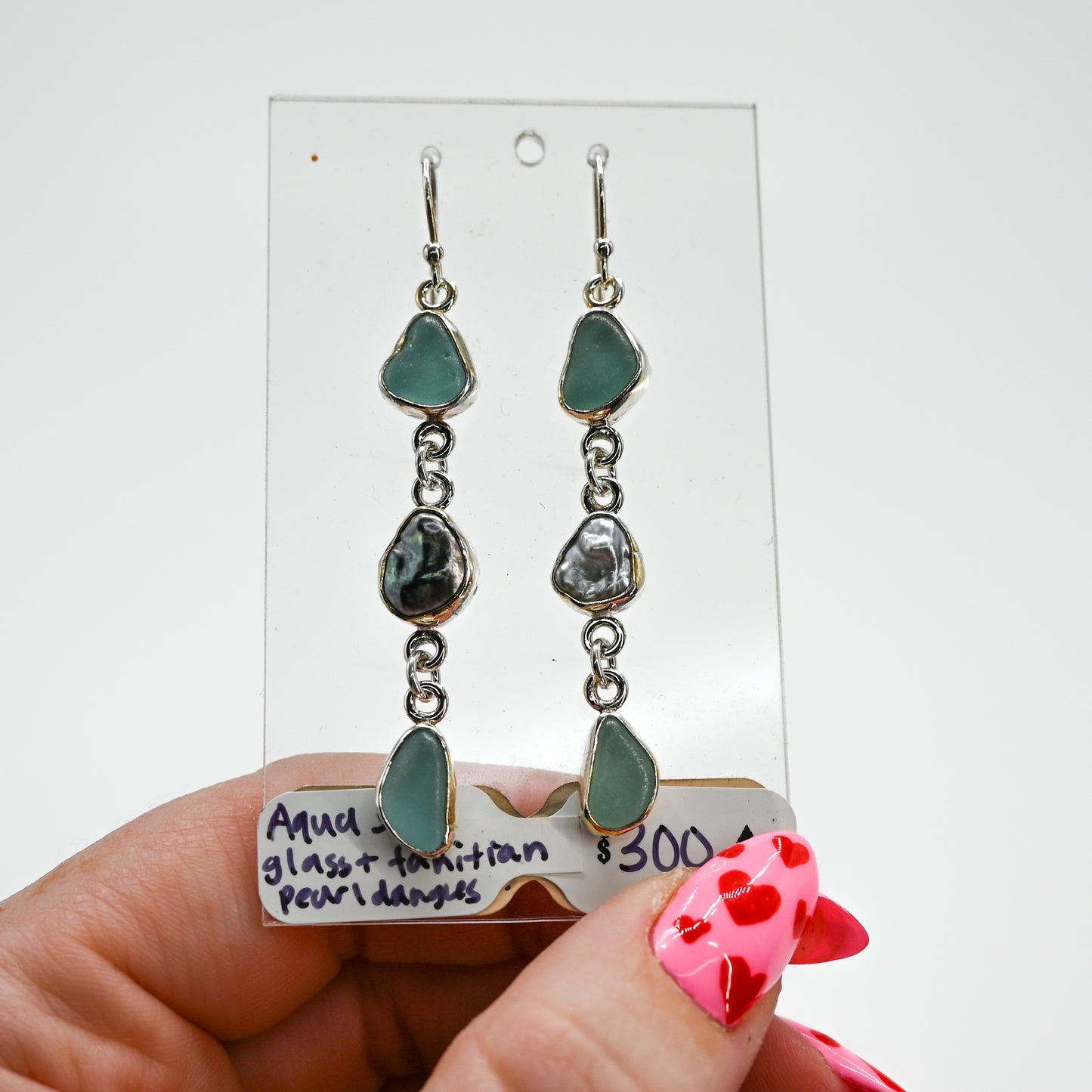 Aqua sea glass and tahitian pearl keshi earrings