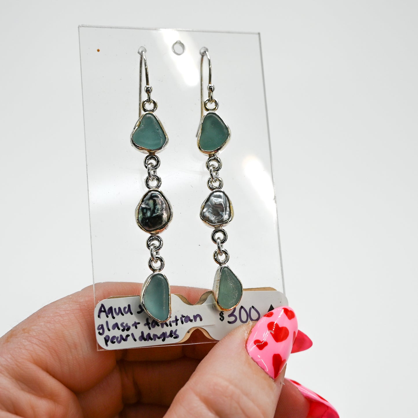 Aqua sea glass and tahitian pearl keshi earrings