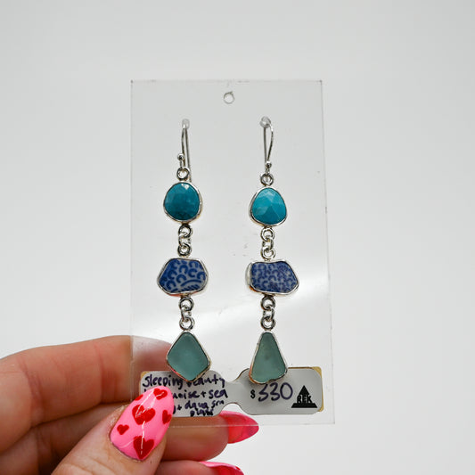 Sleeping beauty turquoise, sea pottery and aqua sea glass dangle earrings
