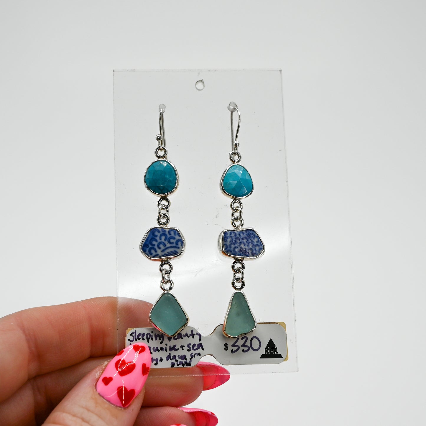 Sleeping beauty turquoise, sea pottery and aqua sea glass dangle earrings