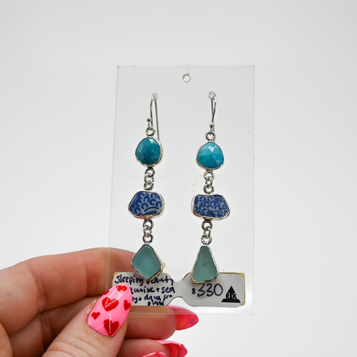 Sleeping beauty turquoise, sea pottery and aqua sea glass dangle earrings