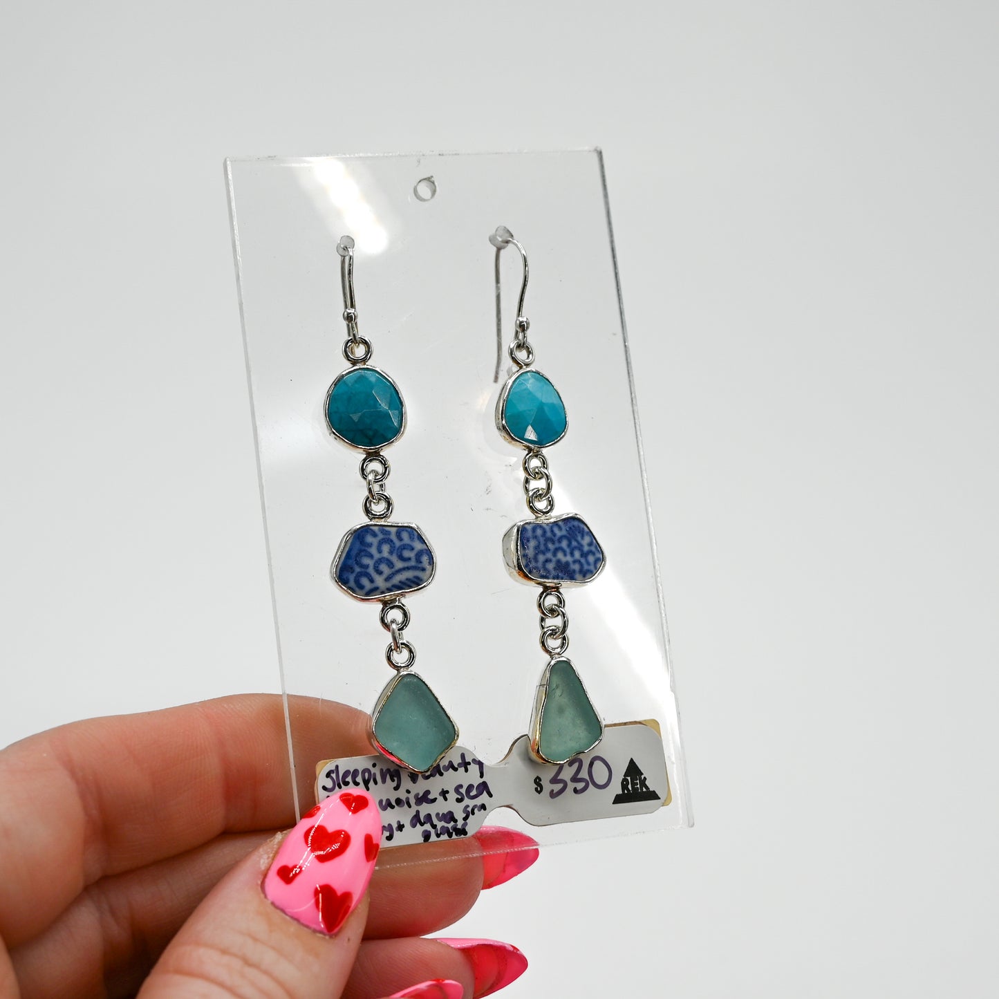 Sleeping beauty turquoise, sea pottery and aqua sea glass dangle earrings