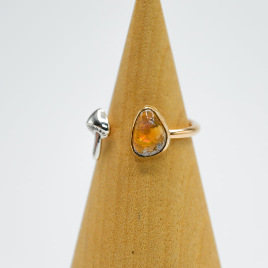 Gold fill adjustable Mexican fire opal and silver mushroom size 7