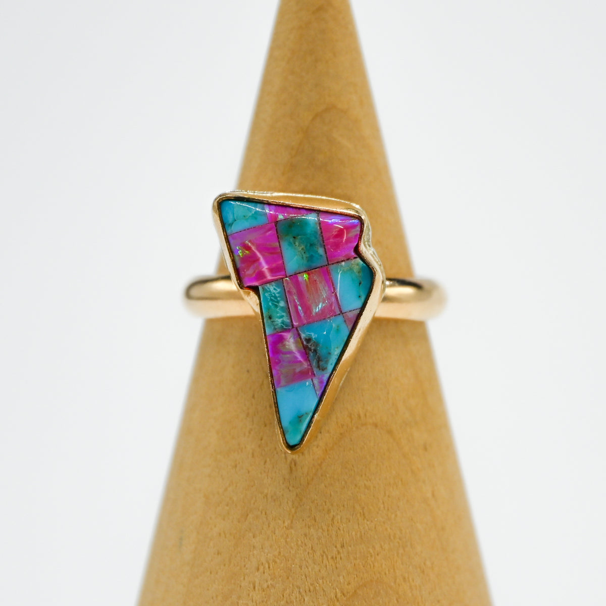 Gold fill lighting bolt with turquoise and lab opal size 7