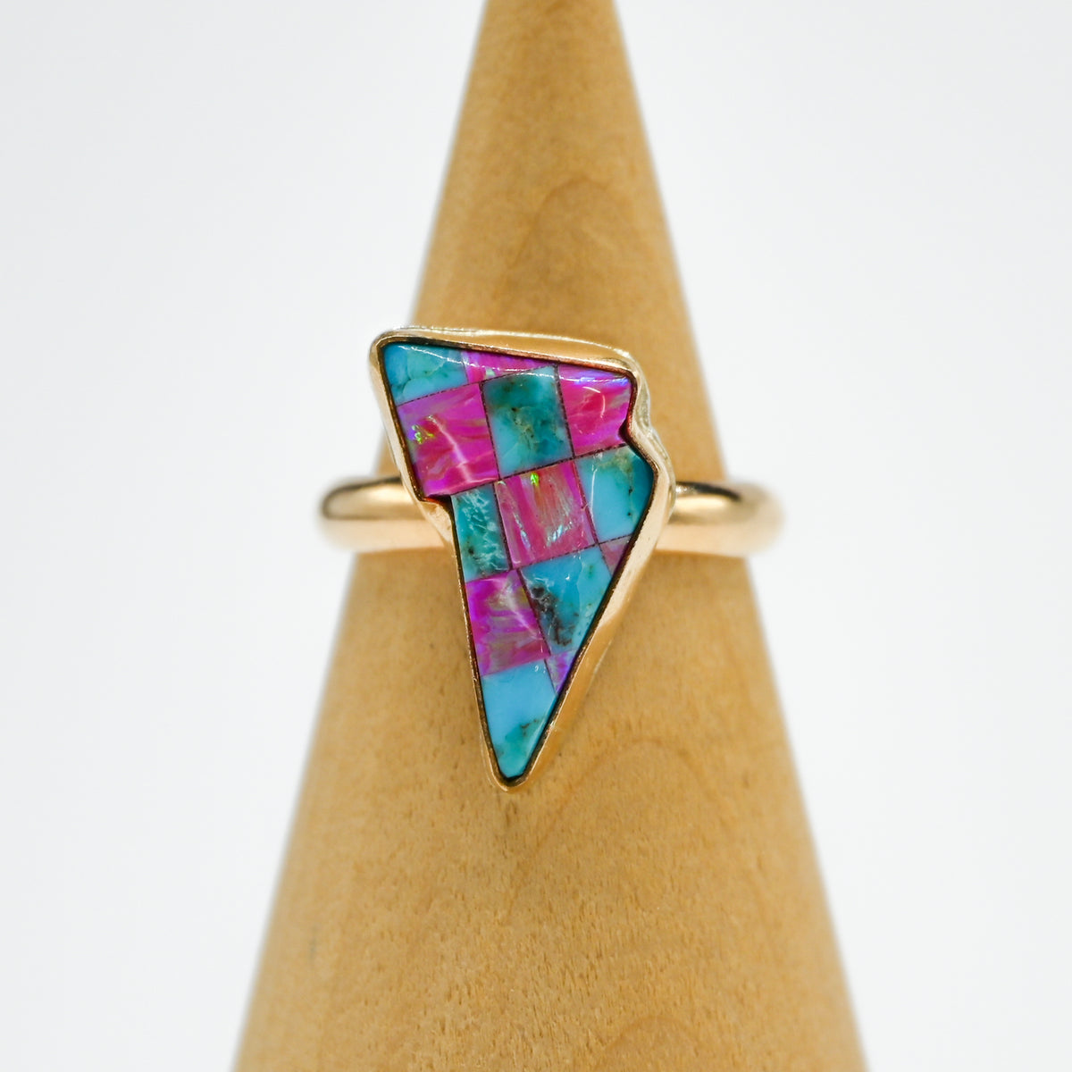 Gold fill lighting bolt with turquoise and lab opal size 7