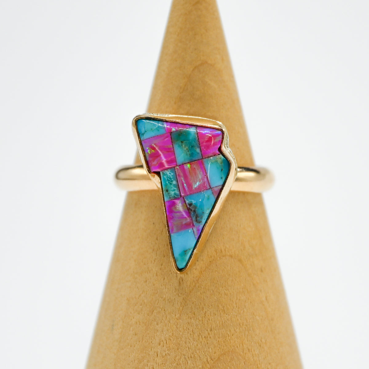 Gold fill lighting bolt with turquoise and lab opal size 7