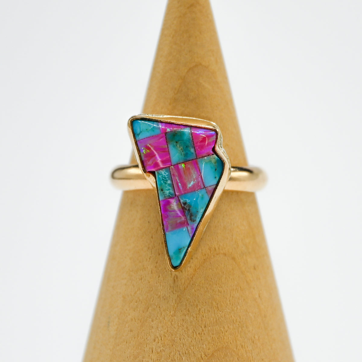 Gold fill lighting bolt with turquoise and lab opal size 7