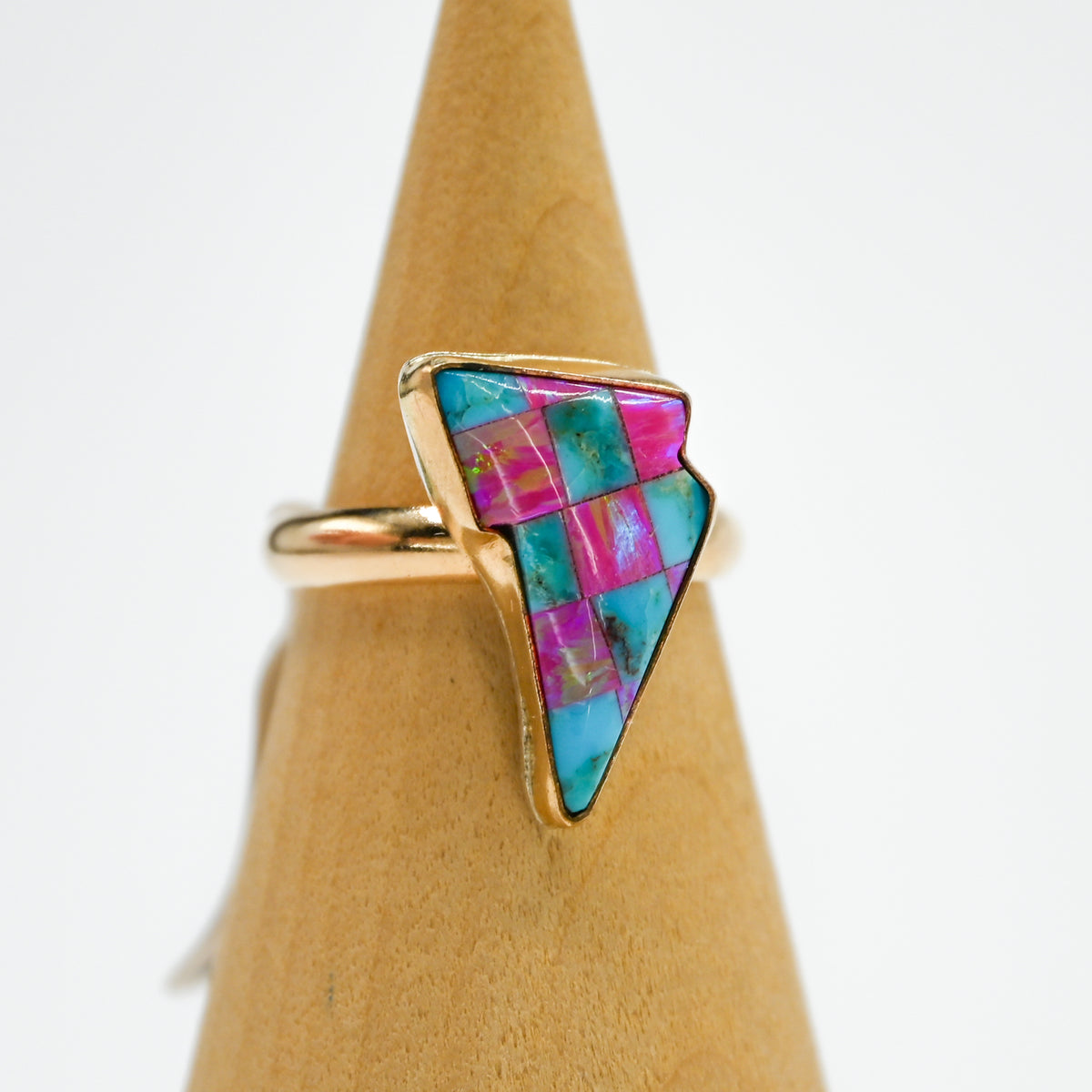 Gold fill lighting bolt with turquoise and lab opal size 7