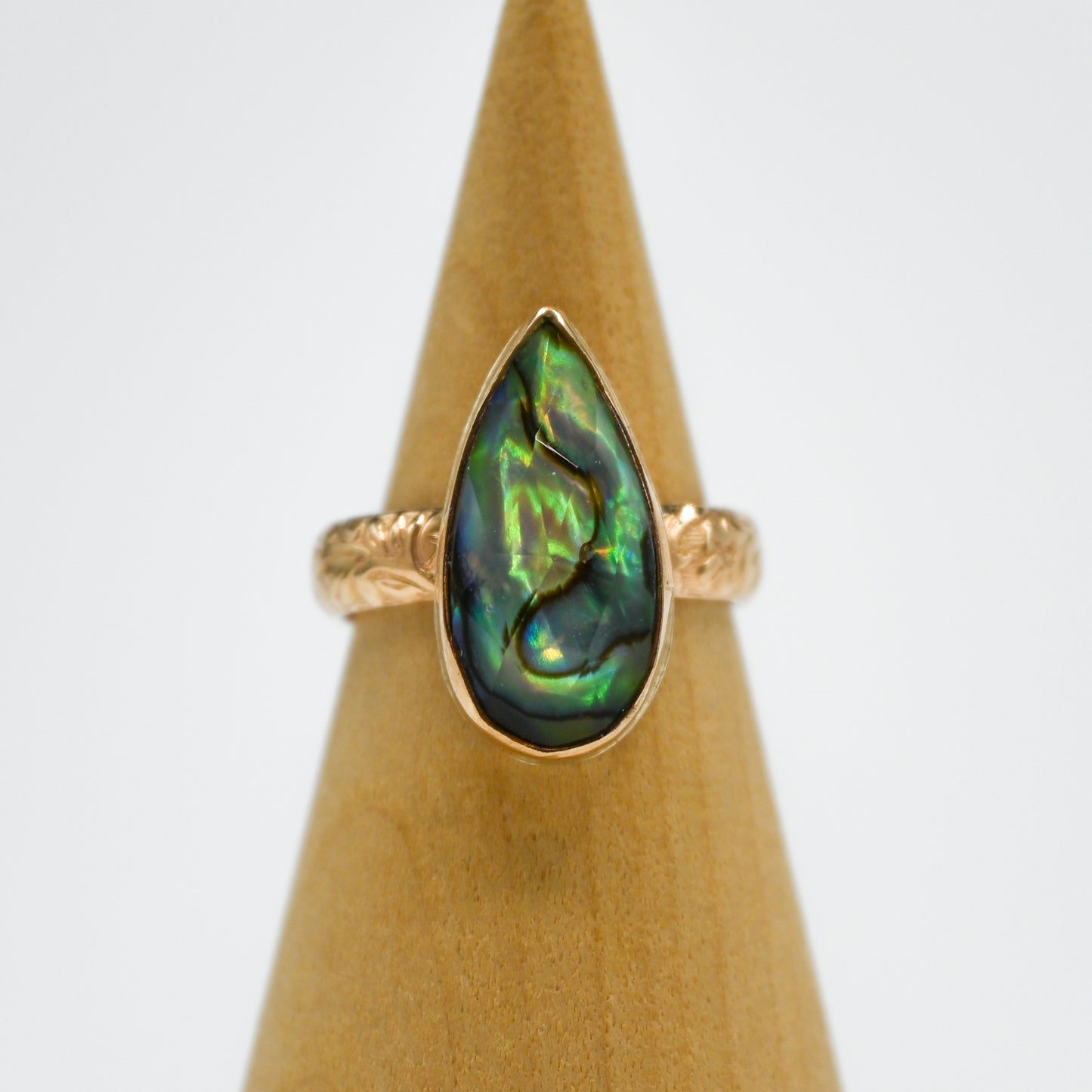 Gold fill xl pear abalone with rose cut quartz size 7