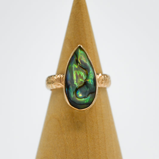 Gold fill xl pear abalone with rose cut quartz size 7