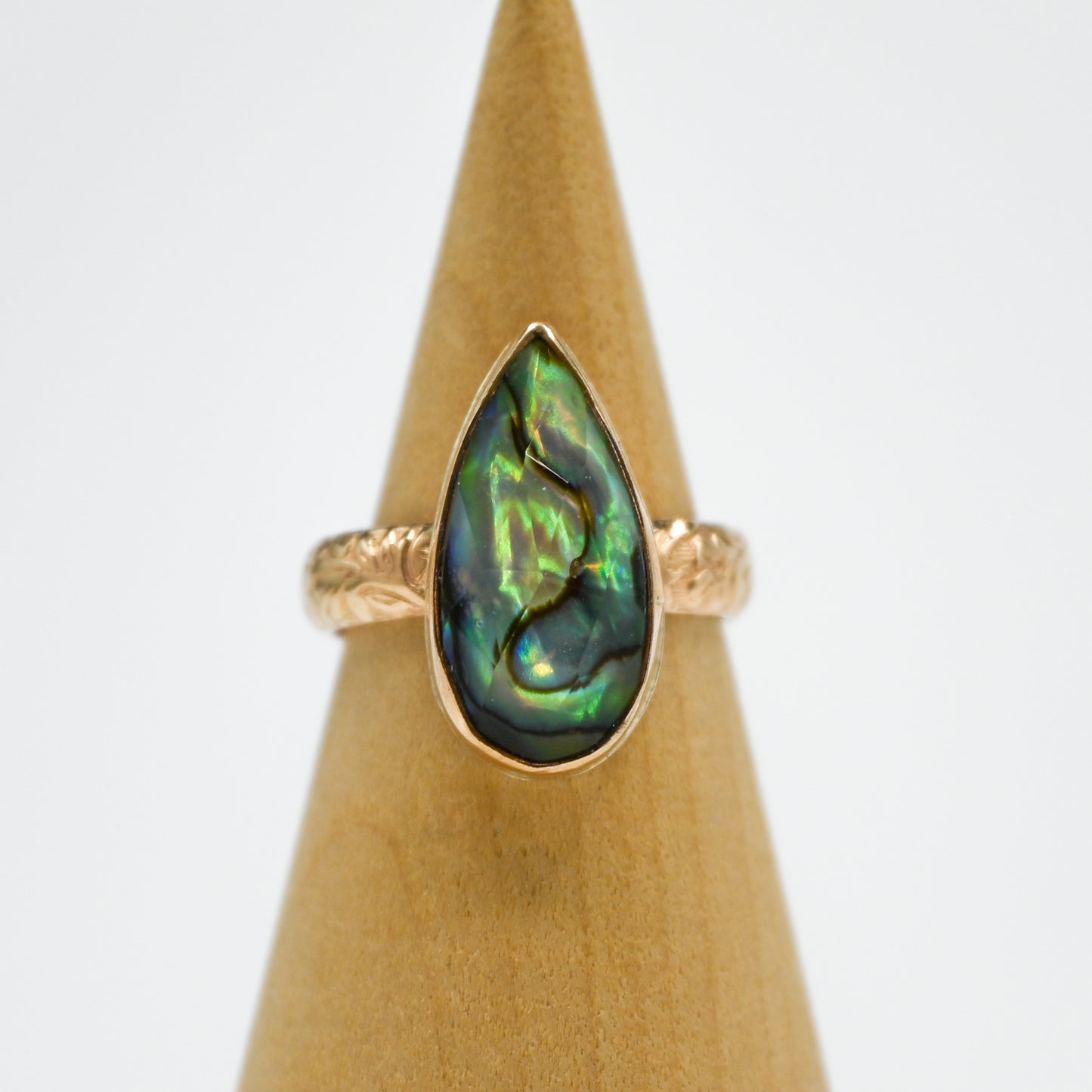 Gold fill xl pear abalone with rose cut quartz size 7