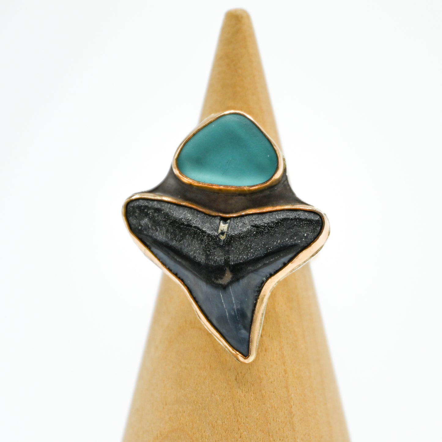Gold fill double xxl fossilized shark tooth and aqua sea glass size 7.25