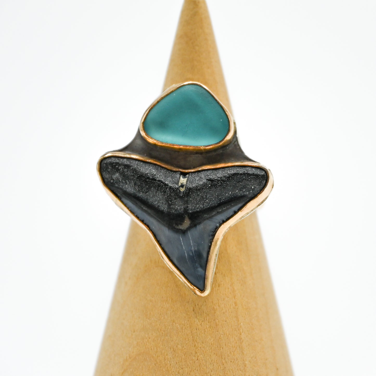 Gold fill double xxl fossilized shark tooth and aqua sea glass size 7.25