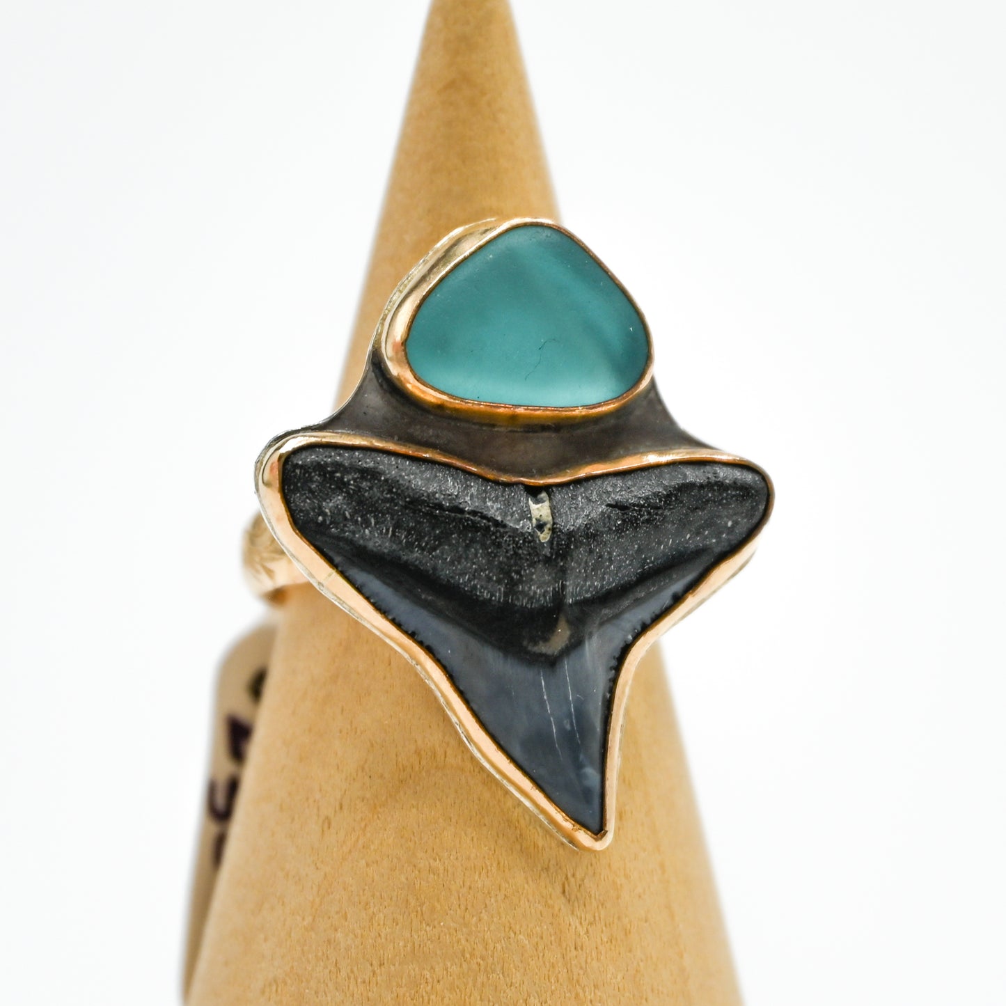 Gold fill double xxl fossilized shark tooth and aqua sea glass size 7.25