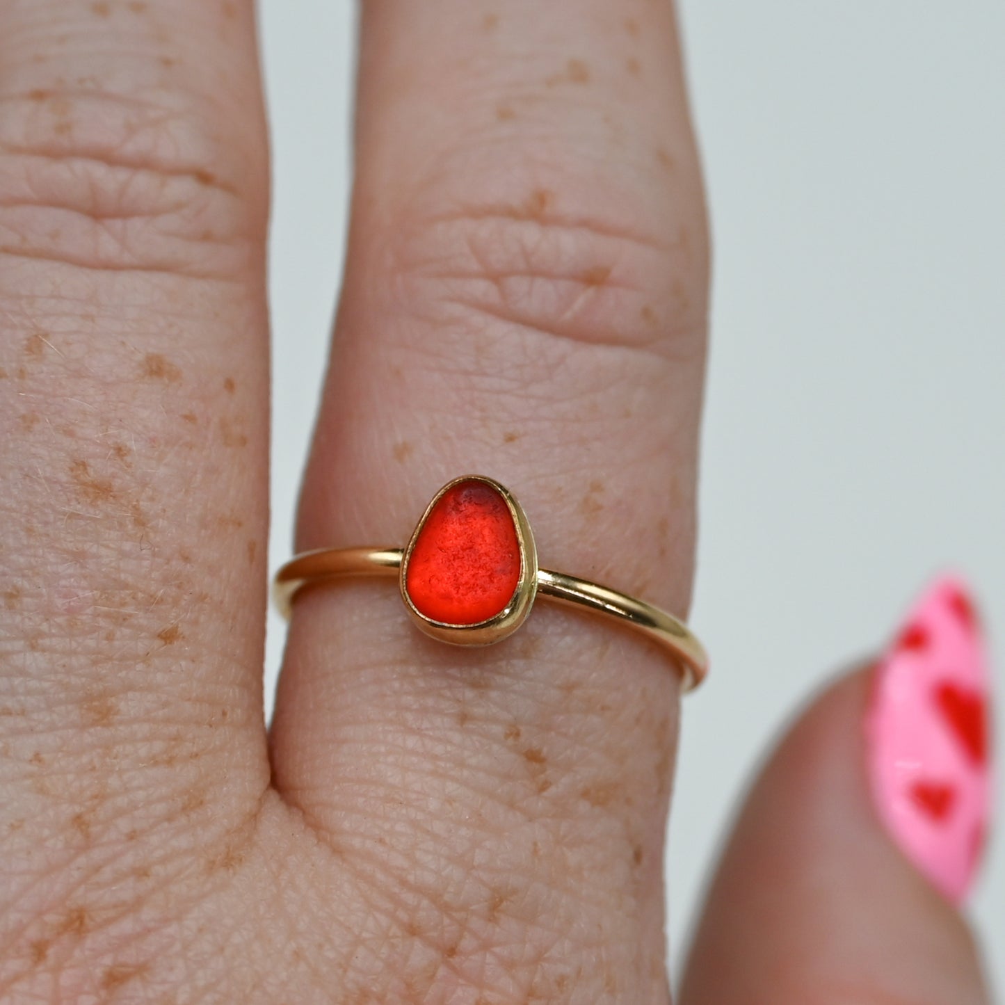 Gold fill rare bright red sea glass size 9