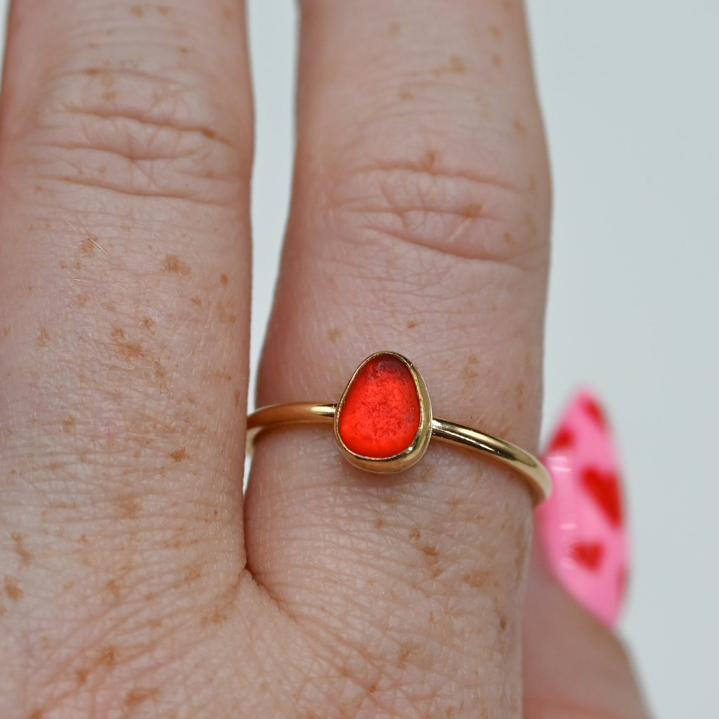 Gold fill rare bright red sea glass size 9