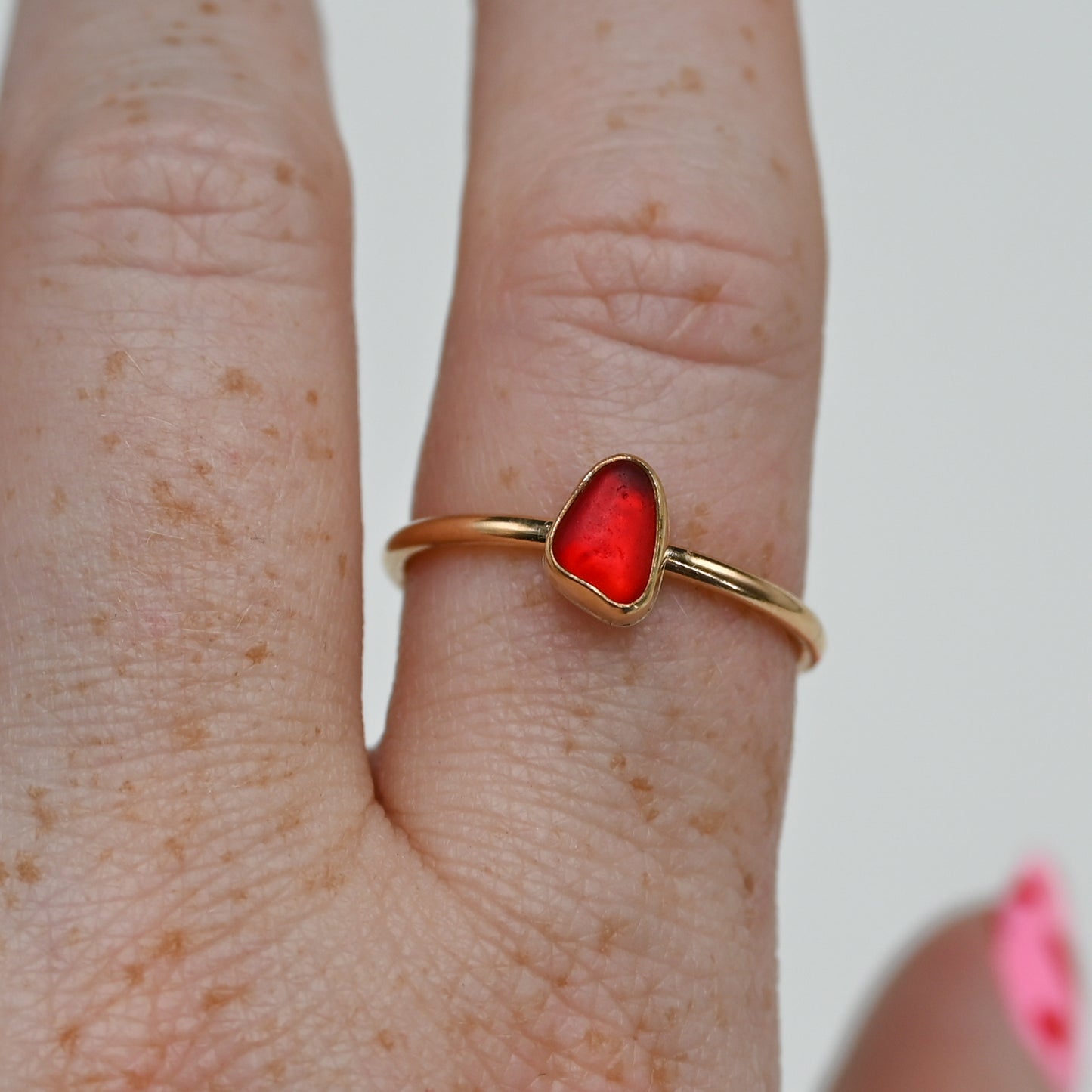 Gold fill bright red rare sea glass size 9.5