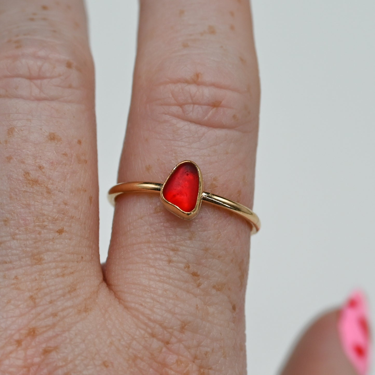 Gold fill bright red rare sea glass size 9.5