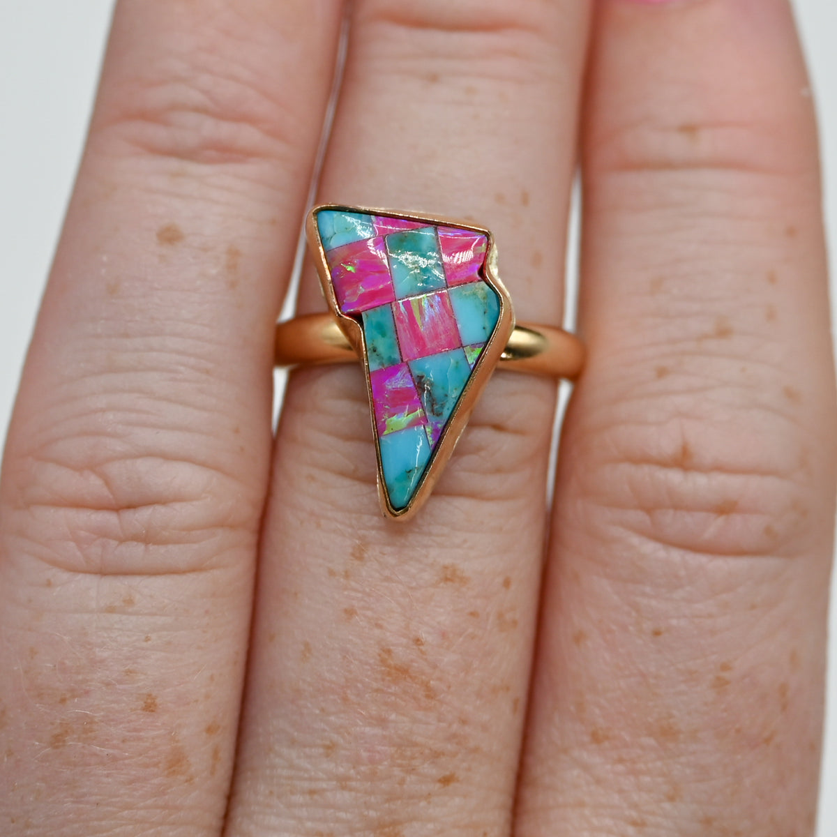 Gold fill lighting bolt with turquoise and lab opal size 7