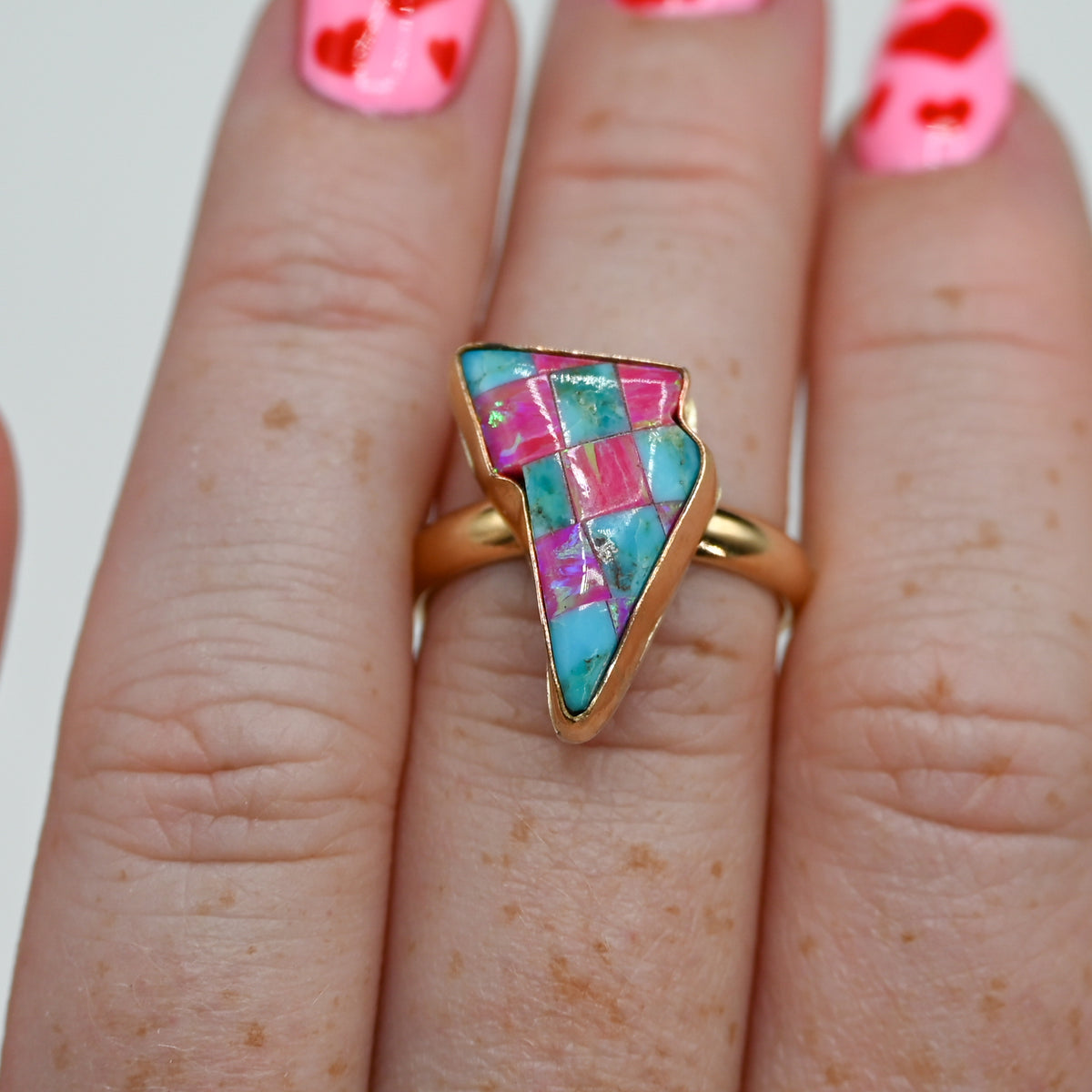 Gold fill lighting bolt with turquoise and lab opal size 7