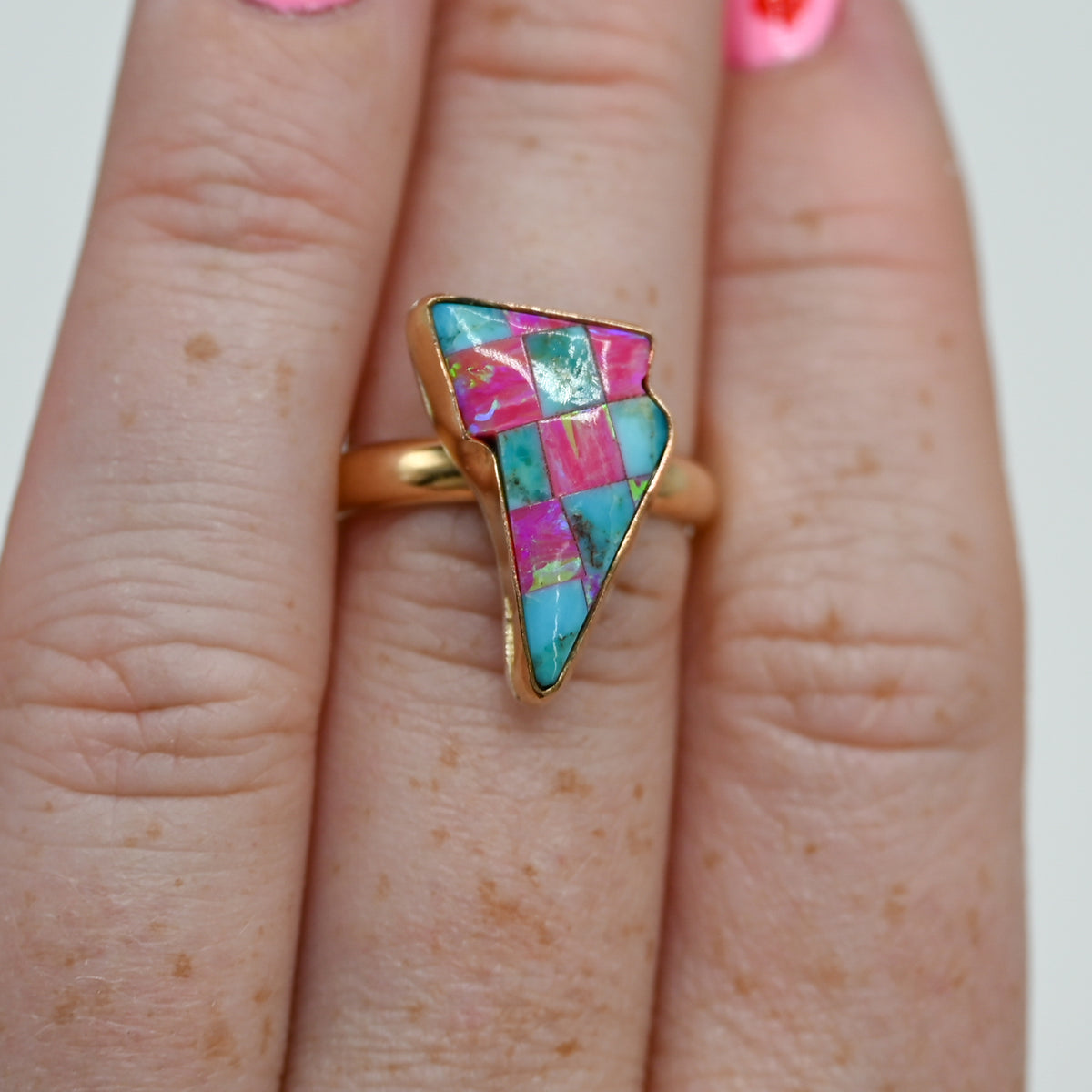 Gold fill lighting bolt with turquoise and lab opal size 7