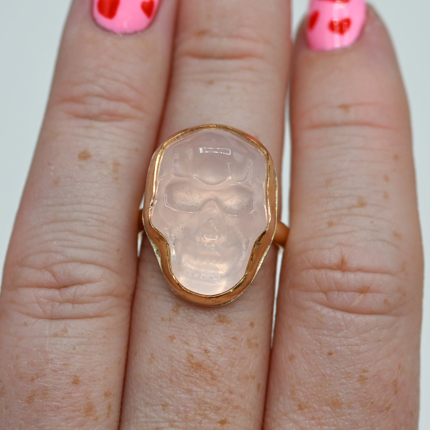 Gold fill xl rose quartz skull size 7