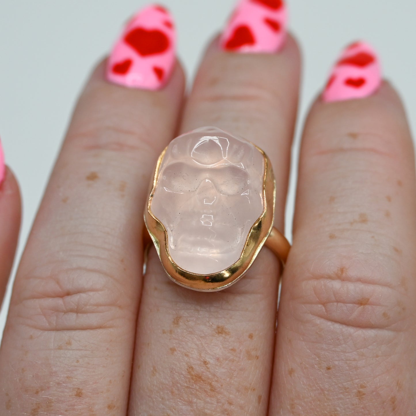 Gold fill xl rose quartz skull size 7
