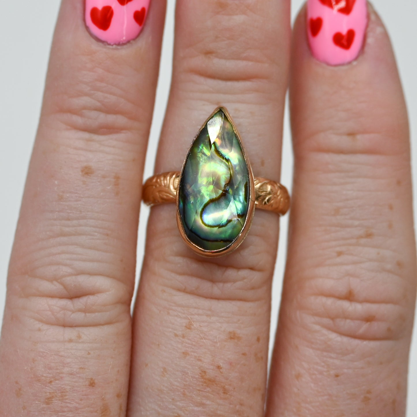 Gold fill xl pear abalone with rose cut quartz size 7