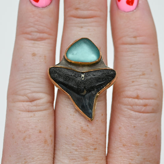 Gold fill double xxl fossilized shark tooth and aqua sea glass size 7.25