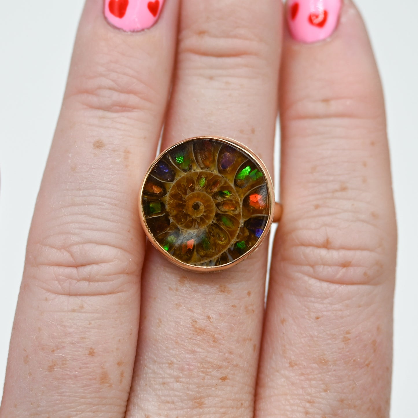 Gold fill round ammonite shell with ammonite inlay size 7.5