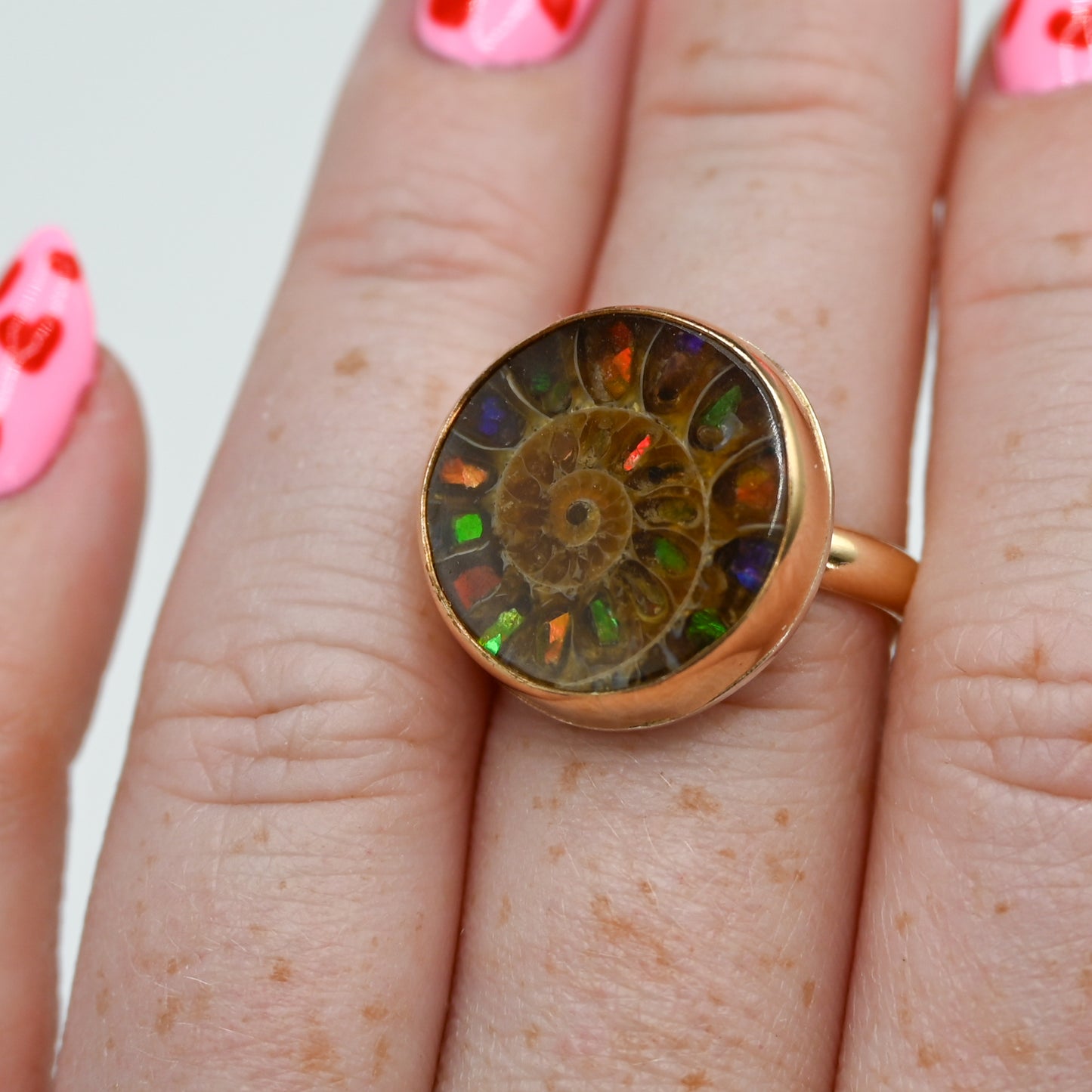 Gold fill round ammonite shell with ammonite inlay size 7.5
