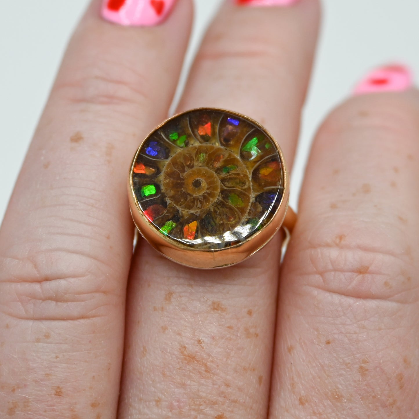 Gold fill round ammonite shell with ammonite inlay size 7.5