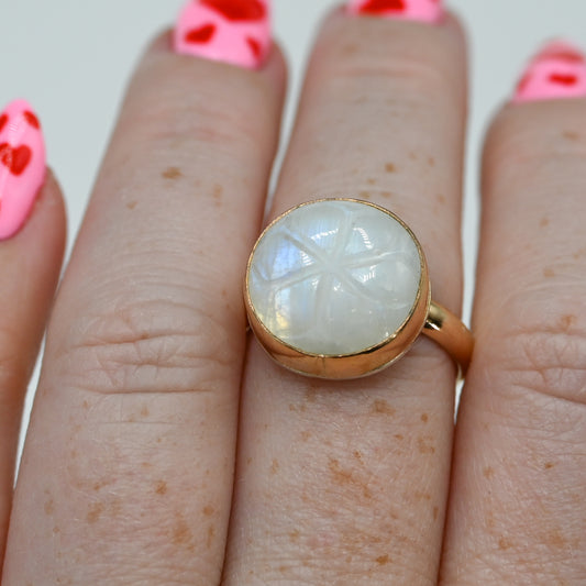 Gold fill round carved moonstone size 8