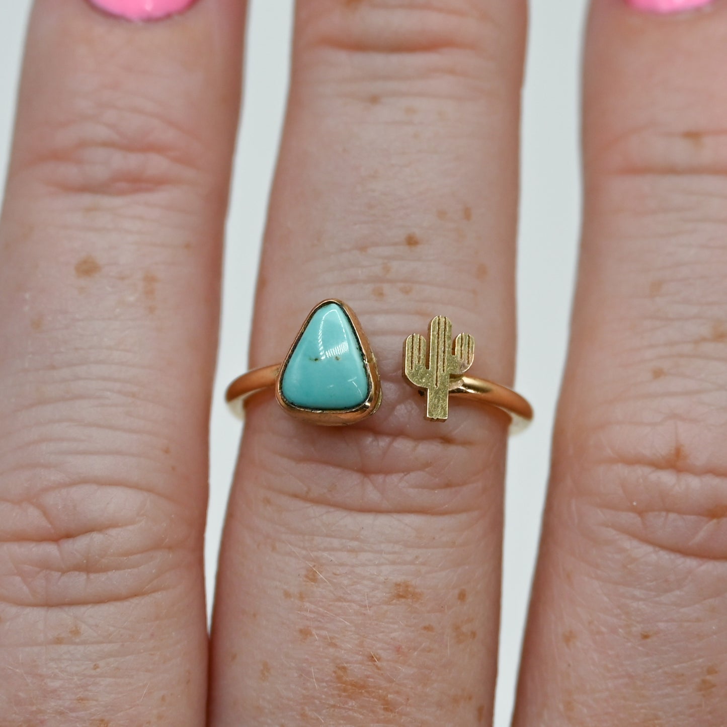 Gold fill carico lake turquoise and cactus adjustable ring size 8