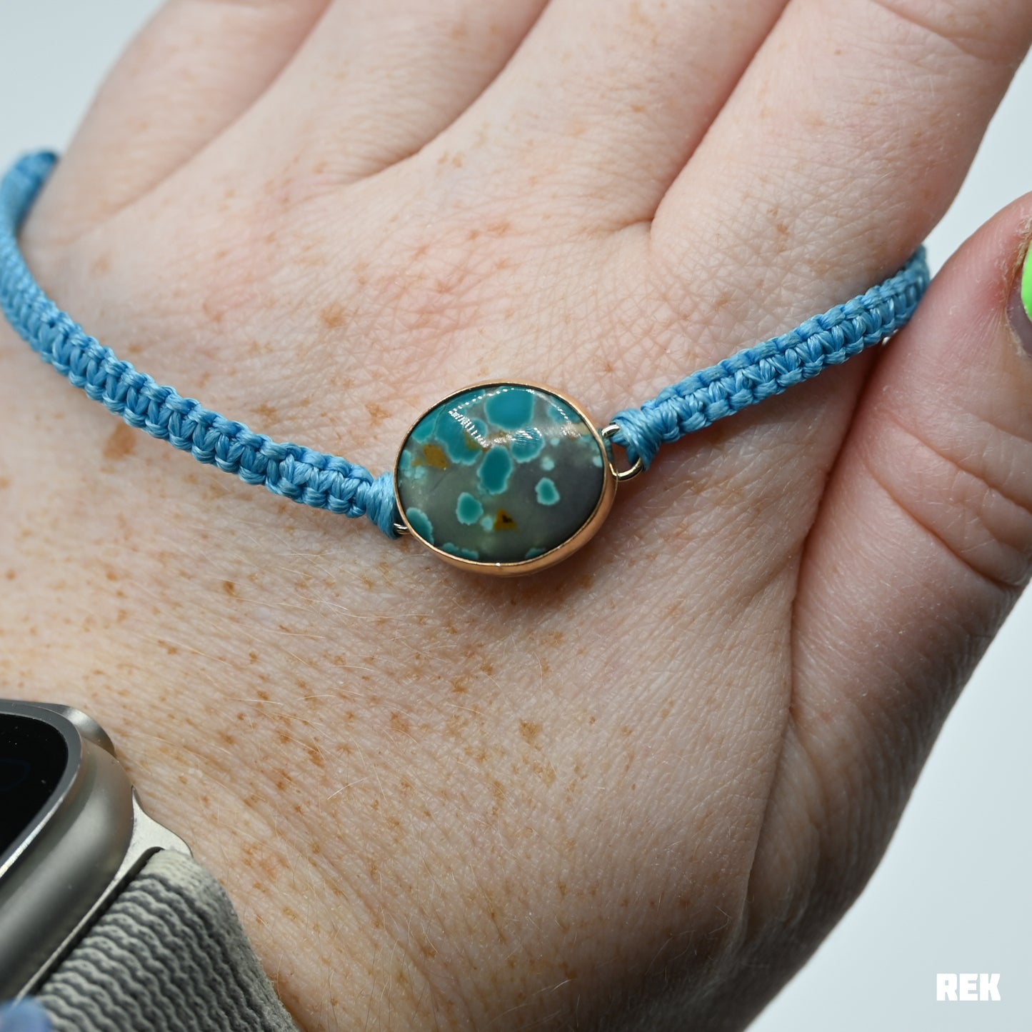 Gold fill pilot mountain turquoise macrame bracelet