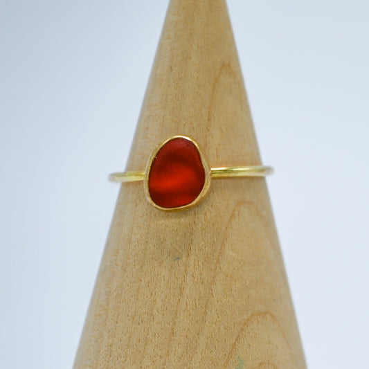 14k solid gold and red orange sea glass size 7